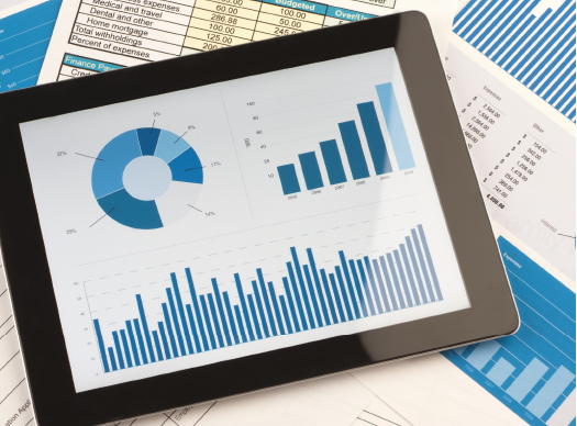 electronic device showing a report with blue and white graphs